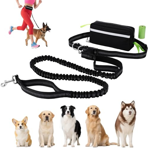 Euqvunn Guinzaglio Mani Libere per Cani con Marsupio – 1,6m a 2,2m, Maniglie Doppie, Guinzaglio Elastico per Cani di Taglia Media, Ideale per Corsa, Passeggiate, Escursioni, Alpinismo & Viaggi