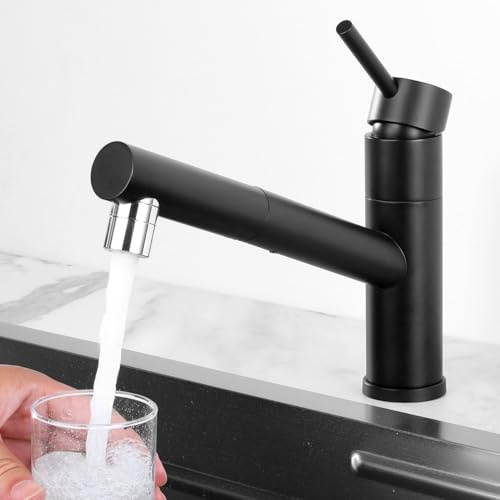 Tondiy Robinet de Cuisine Noir Extractible, Mitigeur d'Évier avec 2 Jets | Robinetterie Cuisine Monocommande Rotatif à 150° | Cartouche Céramique | Acier Inoxydable