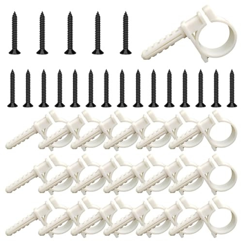 TONGIHS 20 Stück Schraubrohrschellen Set mit Stockschrauben und Dübeln, Rohrclip aus Kunststoff, 41 mm, Rohrstützhalter, Weiß, Rohrklemme für Kunststoffrohren, Gummischläuchen