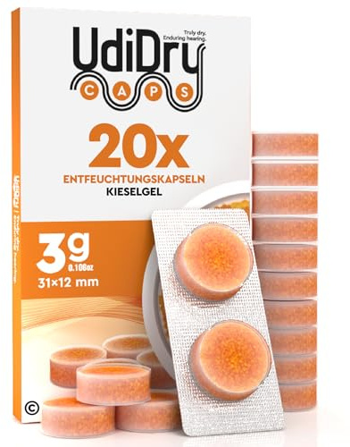 20 Capsule Essiccanti per Apparecchi Acustici UdiDry Caps 3g 31mm Contro l'Umidità con Indicatore di Colore - Capsule Deumidificanti con Gel di Silice Assorbi Umidità di Alta Qualità per Asciugatura