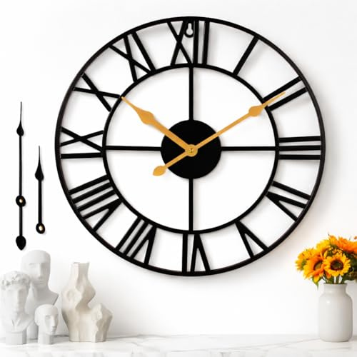 JacksGifts Wall Clock - 40CM, Non-Ticking Metal Roman Numerals wall clocks with Gold-Tone Hands, Wall Clocks for Living Room, Bedroom, Garden, wall Decor & Kitchen clock - Free Black Hands Set (40 CM)