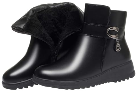 WAMIZEU Botines negros de tacón bajo de cuña para mujer, con forro de piel sintética, elegantes, de piel suave, con cremallera lateral, diamantes de imitación brillantes, para invierno, cálidos