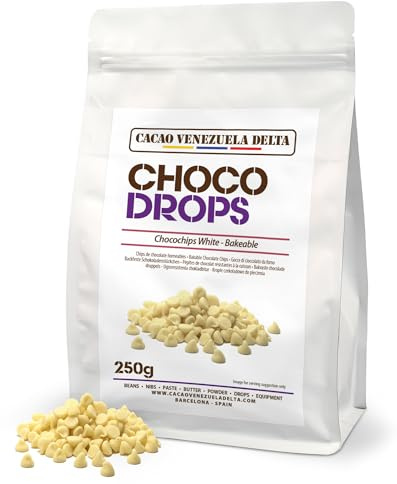 Cacao V Delta Pepitas de Chocolate Blanco 250g Para Repostería - Chips de Chocolate para Hornear y Topping - 24% de Cacao No GMO, Sin Gluten, Premium, Puro, Natural