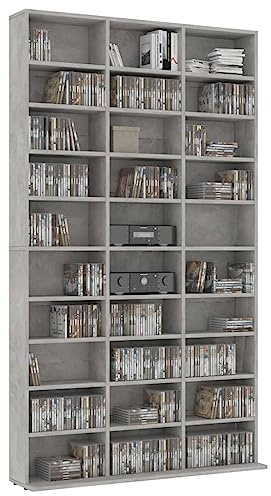 CD Cabinet, Freestanding Media Storage Unit, Engineered Wood CD/DVD Shelf Organizer with Multiple Fixed Shelves, Slim Rectangular Design for Living Room, Home Office, Concrete grey, 102x23x177.5cm