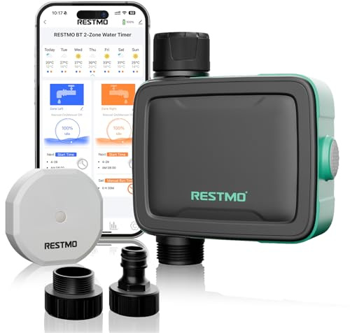 RESTMO Smart Water Timer with Flow Meter, Automatic Garden Hose Timer with Manual/Rain Delay, APP Remote Control (RF Hub + WiFi Connection), Brass Quick Connection Male, Ideal for Lawn & Yard Watering