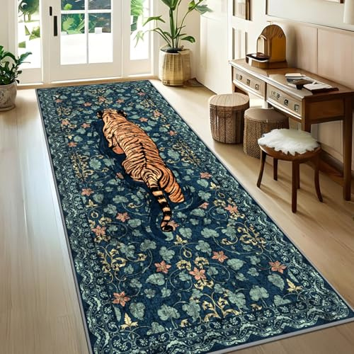 TUKDAK Tiger Teppich Läufer Flur 80x200cm, Grün Tier Küchenläufer Waschbar, Weicher Kurzflor Teppichläufer rutschfest, Vintage Waschbarer Küchenteppich Wohnzimmer Badezimmer Schlafzimmer