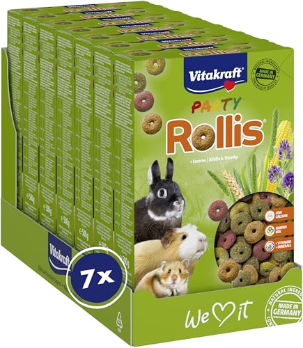 Vitakraft Rollis, anillos crujientes para roedores, bajos en calcio, con alfalfa, como complemento del alimento principal o como tentempié entre comidas, sin azúcar añadido ni cereales (7x 500g)