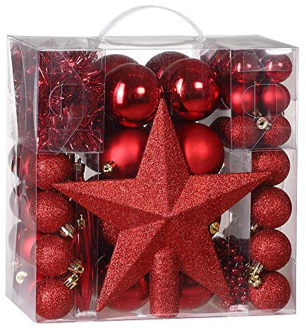 Deuba Lot de 77 Boules de Noël Rouge Décorations pour Sapin en Plastique Robuste Décoration de Noël intérieur extérieur