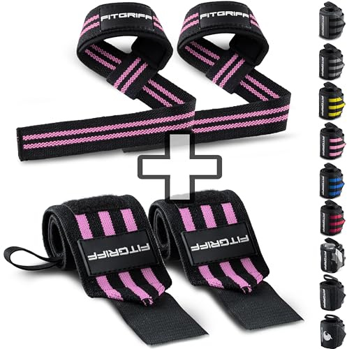 Fitgriff Handledsbandage dragstöd (2 par/4 stycken) premium fitnessset för styrketräning, bodybuilding och styrketräning – för kvinnor och män – 2 års garanti (svart/rosa)