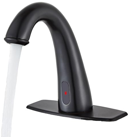 HHOOMMEE Automatic Touchless Bathroom Faucet Motion Sensor Activated Commercial Basin Sink Vantiy Hands Free Auto Off Infrared Mixer with Hole Cover Deck Plate Temperature Control Hot Cold Matte Black