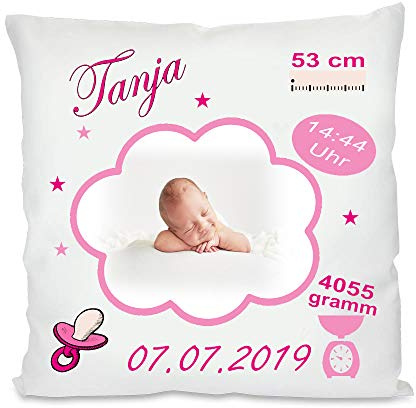Fotokissen | Personalisiertes Kissen als Glückwunsch zur Geburt | Geschenke zur Geburt | Babygeschenk für Jungen und Mädchen (Mädchen mit Bild, mit Kissenfüllung)