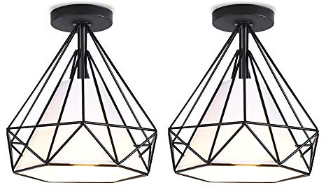iDEGU 2 Stück Vintage Deckenleuchte Ø25 cm Industrie-Design Deckenlampe aus Metall Lampenschirm in Diamantform mit Stoff, Retro Lampe E27 für Schlafzimmer Wohnzimmer Café Bar Restaurant, Schwarz