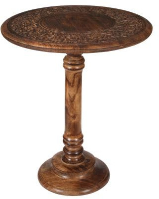 Lightnpro handgeschnitzter runder Beistelltisch aus Mangoholz, 45,7 x 55,9 cm, gebranntes Finish, rustikaler Bauernhaus-Boho-Nachttisch, massives Mangoholz, Beistelltisch im Vintage-Stil für