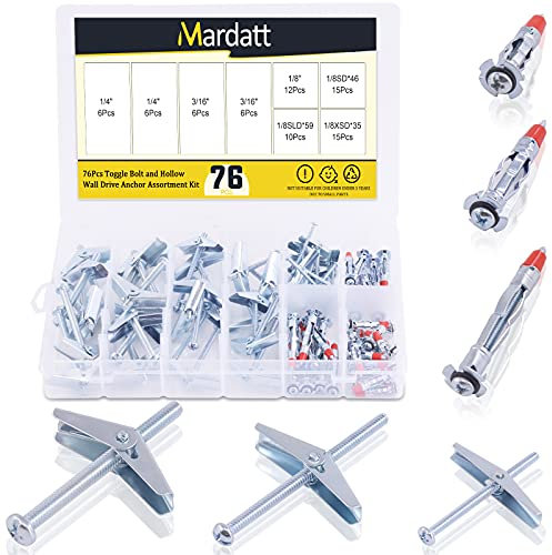 Mardatt 76Pcs 1/8'' 3/16'' 1/4'' Toggle Bolt and Molly Bolt Hollow Wall Anchor Assortment Kit, Zinc Plated Steel Thin Wall Anchor Wing Bolt Assorted Sizes for Drywall