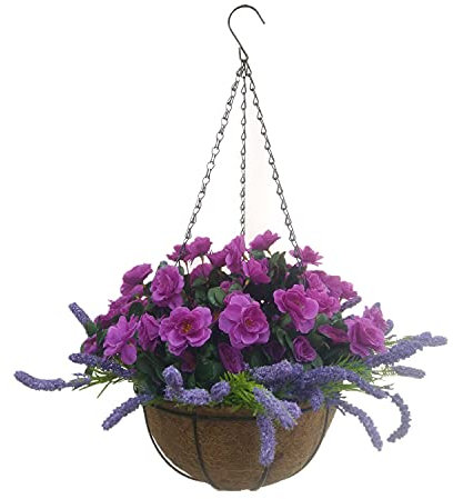 Künstlicher Blumentopf für drinnen und draußen, violette Azaleen und Lavendel, schöne DIY-Dekoration, Seidenblumen, Kette, Hängekorb, Blumentopf (großer Korb)