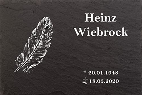 Pokal Center Westerheider Grabstein, Urnengrabsteine Motiv Feder, Grabsteine mit personalisierter Gravur, Naturschieferstein, 30x20cm 100% witterungsbeständig