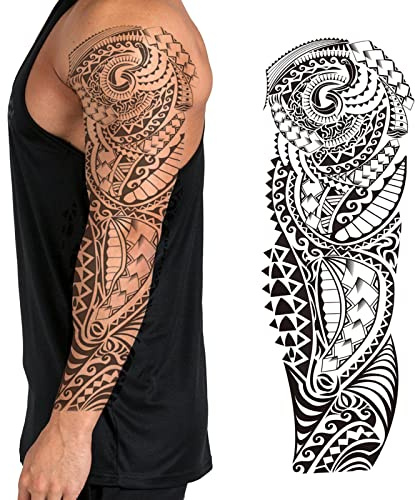Temporary Tattoo Sleeve Transfer - Full Arm Realistic Waterproof Fake Tattoo Sticker for Men Women Kids - By Delusion Tattoos (Polynesian Maori), Grey, 17cm x 48cm