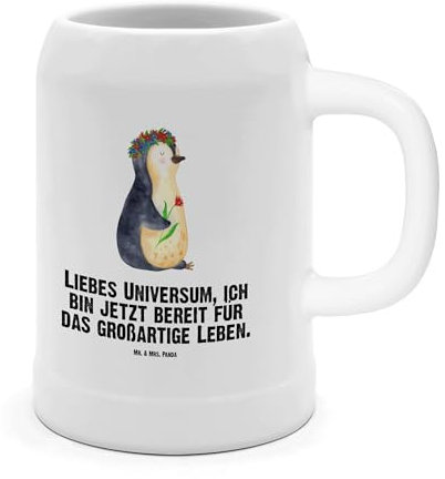 Mr. & Mrs. Panda Bierkrug Pinguin Blumen - Geschenk, 500ml, 0, Blumenkranz, Leben, wunderschön, Motivation, Ziele, 5 l, Bierkrug Steingut, Steinkrüge
