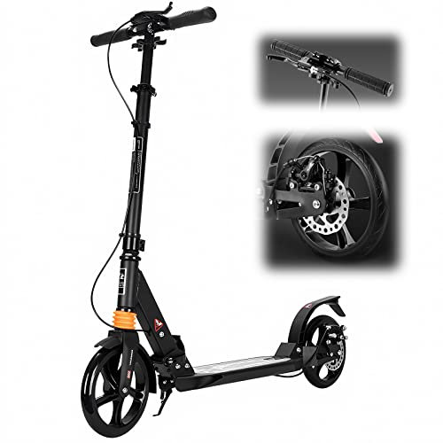 Bueuwe Big Wheel Scooter Tretroller Erwachsene 150 kg Tragkraft, City Roller Kinder 10 Jahre, Klappbar Cityroller mit Stoßdämpfer, Höhenverstellbar Kickboard, 230mm Große Räder,Schwarz,B
