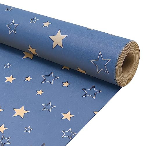 43cm*15m Blue Christmas Wrapping Paper Roll,Birthday Gift Wrap Paper with Star for Birthday Father's Day Xmas Present-Star