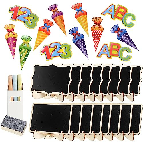 52Pcs Einschulung Tischdeko 36 Stk Streudeko Konfetti Zuckertüte ABC + 16 Pcs Mini Holz Tafel Namensschilder Kreidetafel zum Beschriften für Schulkind Schulanfang Deko Geschenk Junge Mädchen
