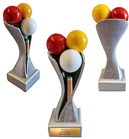 Billard Pokal - Karambolage Trophäe mit Billardbälle & Queue, Silber, 18 cm | Individueller Wanderpokal aus lackiertem Resin mit Wunschtext Gravur, ideal für Siegerehrungen und Billardturniere