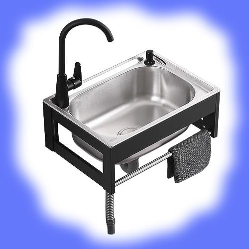 KADEUX Klein Einzelbecken Waschbecken Küchenspüle Edelstahl Handwaschbecken Wandmontiertes Spültisch Tragbare Utility Waschbecken Mit Heißem Kaltem Wasserhahn (Size : 50x40cm/20x16in)