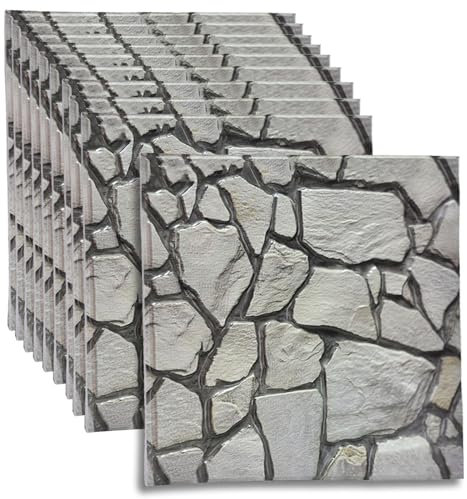 10Pcs 3D Stone Wallpaper in White, Faux Foam Brick Wall Panels Peel and Stick, Waterproof for Bedroom, Living Room, and Kitchen Decor (30x30cmx)