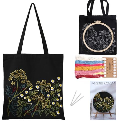 DKDDSSS Sticken für Anfänger Stofftasche Set, DIY Bastelset Erwachsene, Sticken Set Erwachsene, Enthalten Anleitung, Stickrahmen und Stofftasche mit Blumenmuster für Anfänger(Kamille)