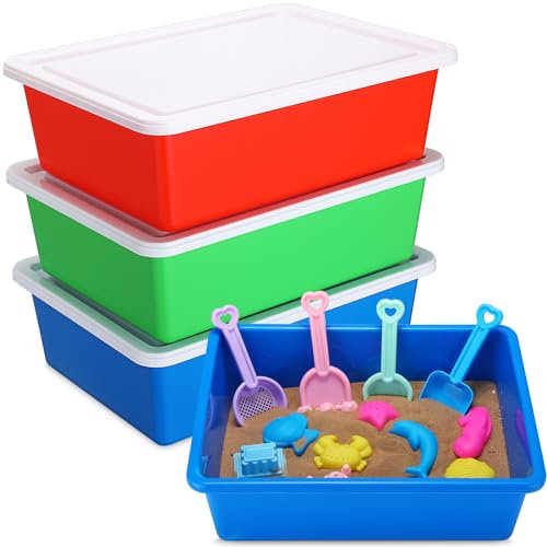 Threehoney Sandboxes 3 Pcs, Portable Plastic Sand Trays with Lids, Small Sensory Bins, Indoor Outdoor Water Sand Play Gifts for Girls Boys, Red, Blue, Green