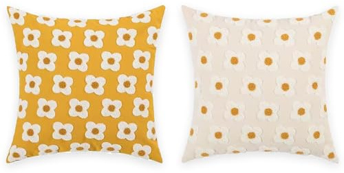 Umimiss Daisy Cushion Set of 2 - Flower Pillows, Spring Boho Pillows, Vintage Hand Embroidered Pillowcases, Sun Flower Jacquard Pillowcase Cushion Case Square for Living Room Embroidered Pillow Sofa