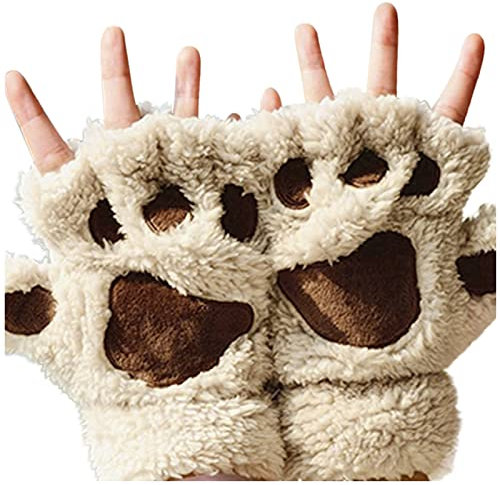 Niedlich Katze Klaue Pfote Plüschwarmen Fingerlose Handschuhe Handschuhe Cosplay Kunstpelz Warm Katzen Handschuhe Löwenpfoten Winter Halbfingerhandschuhe für Mädchen Blaue Handschuhe (Beige, One Size)