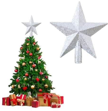 BUKCYUE Weihnachtsbaumspitze, Christbaumspitze in Stern-Form, Christbaum-Schmuck aus Kunststoff, Glitter Baum Stern, Baumspitze für Urlaub Ornament oder Home Decor, 20cm (Silber)
