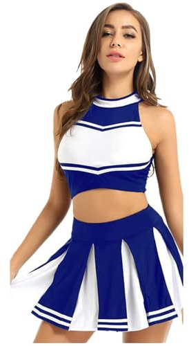 Vhersily Cheerleading-Kostüm, Uniform, zweiteilig, kurzer Rock und Oberteil für Damen, elegant, ärmellos, Cheerleader, Halloween, Cosplay, Kostüme, Karneval, passend, sportlich, Fancy Dress Up, blau,