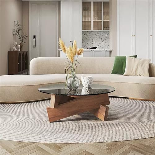 Locuetyn Table basse ronde en verre - Grande table basse ronde en verre - Table basse ronde moderne pour salon avec pieds en bois massif (noyer, 80 x 80 x 40 cm)