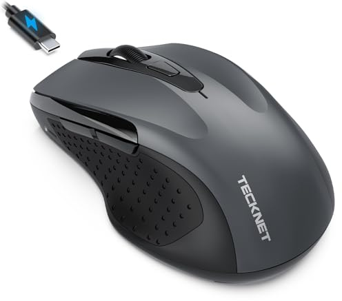 TECKNET Bluetooth Mouse Jiggler, Rechargeable Wireless Mouse (BT 5.0/3.0+2.4G) with Build-in Jiggler Mover Keeps Computer Awake, 4800 DPI Silent Ergonomic 6 Buttons Mouse for Laptop, Gray