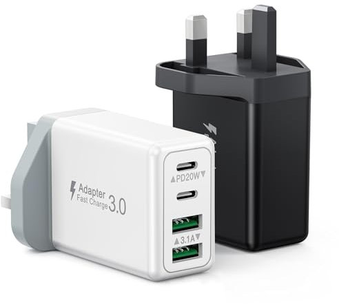 2-Pack USB C Plug Fast Charge, 40W 4-Port USB C Charger Plug UK, Dual USBC Power Adapter+ QC USB Wall Plug, Mutil Type C Charging Plug for iPhone 17 16 15 14 13 12 11 Pro Max Plus, Samsung, iPad