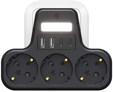 7 en 1 Regletas Enchufes 2 USB, Ladron Enchufes Plano con 2 USB C, 3 Tomas Ladrón Enchufes Multiples con LED, Triple Cargador Multiple 3680W, Regleta Pared para Oficina,Negro