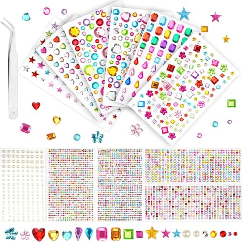 3500Pcs Gem Stickers, Self Adhesive Gems for Crafting, Glitter Stickers with Tweezer, Colorful Stick on Gem for DIY Craft Face Hair