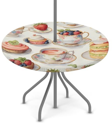 Woltant Nappe ronde avec trou de parasol et fermeture éclair facile à nettoyer avec bords élastiques pour jardin, terrasse, barbecue (nourriture, gâteau, fruits, café)