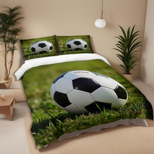 Generico Copripiumino, set di biancheria da letto Tema sportivo Campo verde di calcio, biancheria da letto con stampa a motivo ragazzi, ragazze e bambin 240 x 220 cm