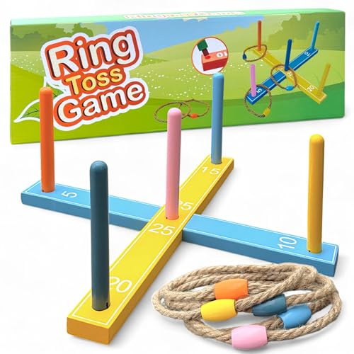 MIJOMA Gioco di lancio ad anelli in legno, con 5 anelli di iuta, gioco da giardino per bambini e adulti, giocattolo in legno, 42 x 42 cm, per esterni e interni