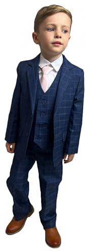 Vivaki Boys 5 Piece Navy Check Suit Boys Wedding Page Boy Party Prom Suit, 2 Years to 14 Years