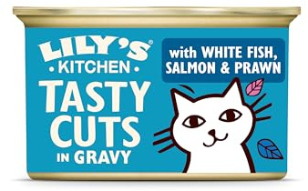 Lily’s Kitchen Tasty Cuts in Gravy with White Fish, Salmon & Prawn, Complete Nutrition, Cat Wet Food (24x85g) Tin, for Adult Cats, With Freshly Prepared Meat, offal & fish, Grain-free Recipe