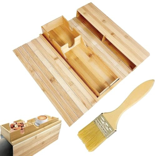 Bamboo Sofa Tray Table With Non-Slip Detachable Tray Anti-Spill Drink Holder For Cups Phones Snacks Foldable sofa table With Cup Holder Phone/Tablet Slot & Side Pockets Storage For Remotes Magazines