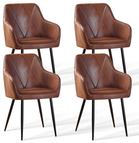 AINPECCA Esszimmerstühle 4er Set, Kunstleder Bezug mit Armlehnen, Rautenmuster, gepolsterte Sitzfläche, Metallgestell (120 kg pro Stuhl), für Esszimmer/Wohnzimmer(4, braun)