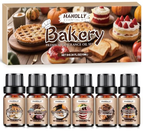 Hanolly Bäckerei Ätherische Öle Set 6 x 10ml, Aroma Diffuser Öl Duftöle für Kerzenherstellung - Apfelkuchen, Kürbiskuchen, S'mores, Glasierter Donut, Red Velvet Cake, Erdbeerkuchen | Natürliches ätherisches Öl für Aromatherapie-Diffusor, Massage, DIY-Kerze, Spa, ideales handgefertigtes Geschenk für Partys