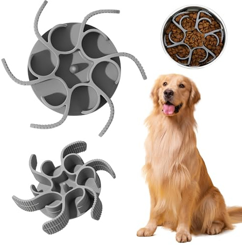 Slow Feeder Dog Bowl, Large Silicone Slow Feeder Insert with Suction Cups, Helps Dogs Eat Slower for Healthy Digestion, Dishwasher Safe, Grey