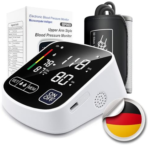 RoserRose Blutdruckmessgerät Oberarm Digital, Blood Pressure Monitor mit Deutscher Sprachausgabe, Großem LED-Display, 2x99 Speicherplätzen, Manschette 22-36cm, AAA-Batterie/Type-C Ladekabel