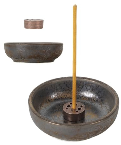 Ceramic Incense Holder, Inspired Incense Tray with Brass 9-Hole Incense Stick Holder, Ceramic Incenses Burner Stand for Home Office Yoga Meditation, Round Aroma Bowl